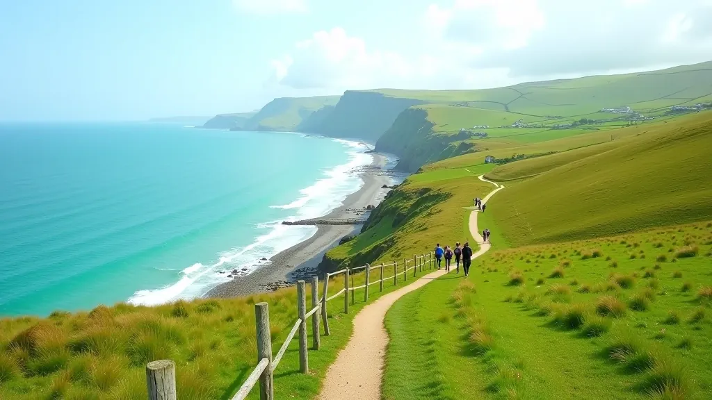Coastal walking path with green hills sloping down to sandy beach and turquoise water below