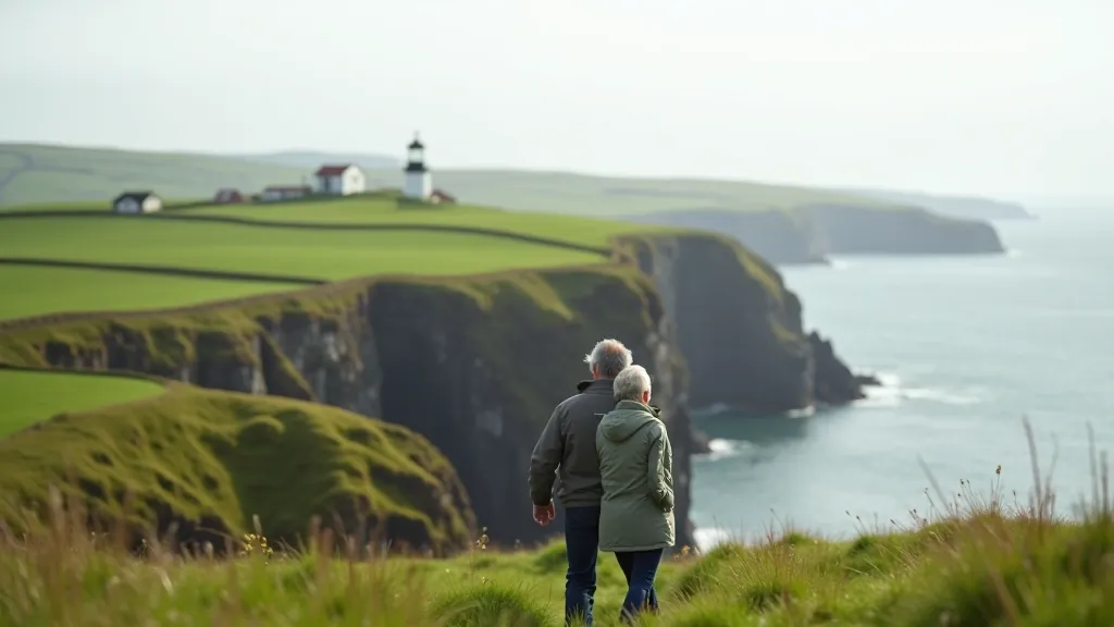 Peaceful coastal peninsula with rolling green hills meeting the sea, lighthouse visible on distant headland